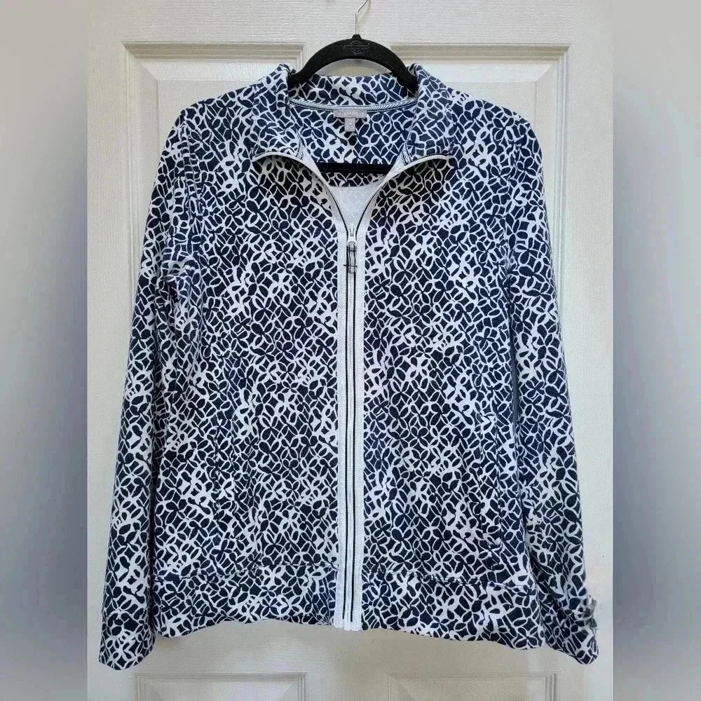 Talbots Womens Zipper Up Activewear Blue & White Cotton Jacket Size Medium